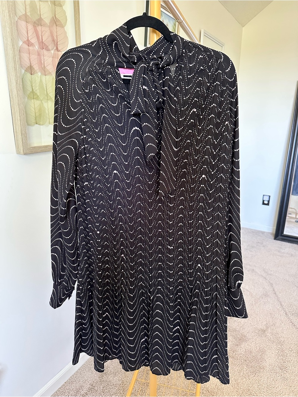 Kate Spade Black Dot-Stripe Tie-Neck Long Sleeve Dress - size 8